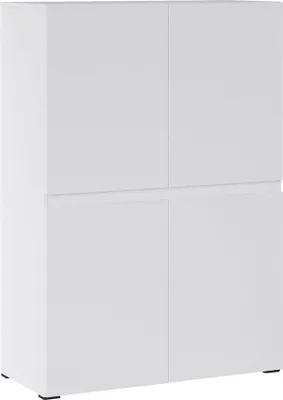 A white sideboard with four doors against a white background.