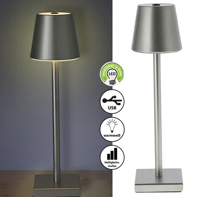 Image de Lampe de table LED argentée, 8 LEDs, lumière blanc chaud, dimensions 12x38 cm, fonction tactile, 3 niveaux de luminosité, câble USB. Lampe décorative pour table, éclairage intérieur et extérieur