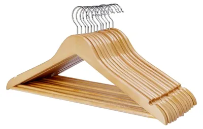 Produktbild von 12er Set aus massivem Holz Kleiderbügel mit Hosensteg und Einkerbungen