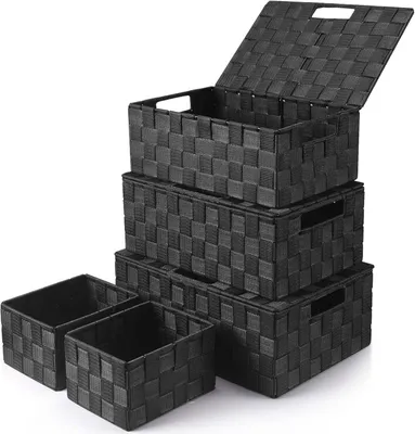 Produktbild von Aufbewahrungskorb mit Deckel: 5 Set, 34 x 24 x 13.5 cm, Schwarz