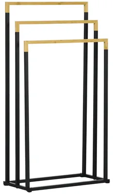 Image de Porte-serviettes en bambou et acier sur pieds avec 3 barres support pour serviette 45 x 22,5 x 86 cm noir et naturel