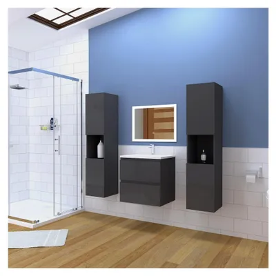 Produktbild von Waschtisch mit Unterschrank 60 cm Hochglanz Anthrazit Keramik Waschbecken