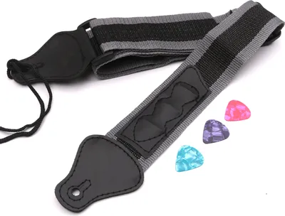Obrázok produktu pre Nastaviteľný ramenný popruh pre elektrickú/akustickú gitaru s 3 držiakmi na trsátka, pletený nylonový popruh,Polyuretánkožené konce + 3 celuloidové trsátka