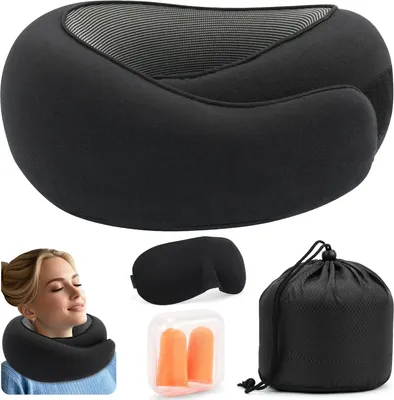 Produktbild von Nackenkissen für die Reise - memory-foam Ergonomisches Reisekissen Reise-Nackenkissen-Set für entspannten Komfort auf Flügen, Autoreisen, Kompakte Nackenstütze für Flugzeug, Zug -