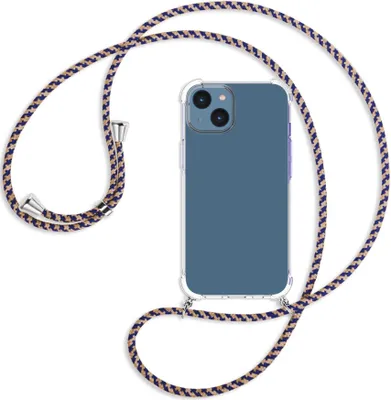 Produktbild von Handykette Backcover-Schutzhülle mit Band (Metall silberfarben) für Apple iPhone 14 (6.1'') - blau+beige