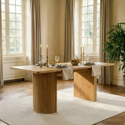 Produktbild von Esstisch GUARDA 160 x 75 cm, Wildeiche MDF - Rechteckiger Esszimmertisch mit Designfuß in Lamellenoptik,  moderner Küchentisch für 6 Personen elegant