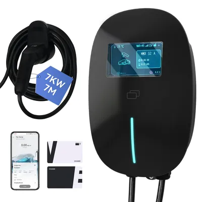 Produktbild von Puluomis Wallbox Ladestation 7kW Ladekabel 7m Typ 2 mit Halter, EV Ladegerät 1-phasig 6-32A einstellbar, IP65 mit Wlan & Bluetooth 24h Timer schwarz
