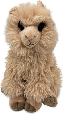 A plush toy alpaca sitting on a white background.