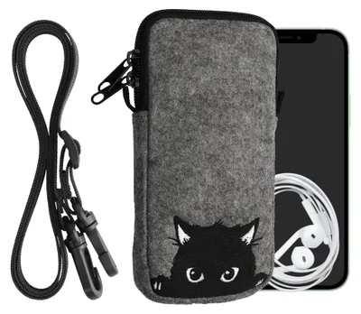 Produktbild von kwmobile Handytasche für Smartphones XL - 6,7/6,8" - Filz Handy Hülle Grau Schwarz - Handy Tasche mit Kette 17,2 x 8,4 cm Innenmaße - Neugierige Katze