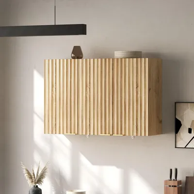 Immagine prodotto di Armadietto da parete per la cucina Flyks, con 3 ante, pensile per l'organizzazione di spazi come soggiorno, bagno e lavanderia. Dimensioni: 90x29x60 cm. Colore: naturale