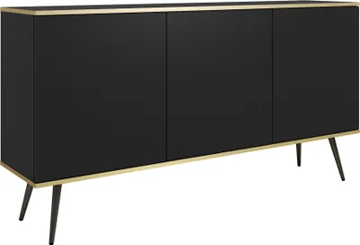 A black sideboard with gold trim and black legs, shown from a three-quarter angle against a white background.