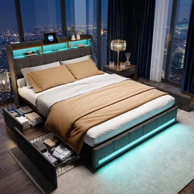 Zdjęcie produktu dla Łóżko tapicerowane INONEFT Bett, 140x200 cm, z funkcją ładowania USB, łóżko młodzieżowe/podwójne z listwowym materacem i 4 szufladami, łóżko z pojemnikiem na pościel i oświetleniem LED, tkanina: len, kolor: szary