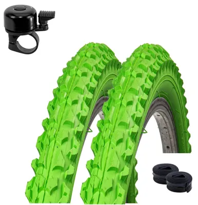 Zdjęcie produktu dla 2 opony rowerowe Roverstone, 26 x 2,125 (57-559), kolor zielony + 2 dętki DV oraz dzwonek rowerowy