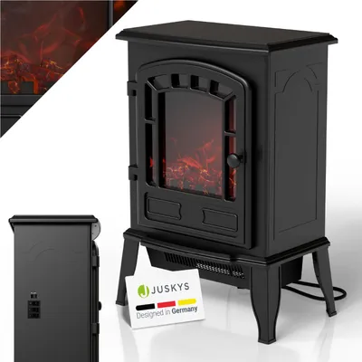 A black electric fireplace with a flame effect is shown on a white background. A smaller image of the fireplace is in the top left corner, and a separate black cabinet is in the bottom left. A card with the JUSKYS logo and "Designed in Germany" is in front