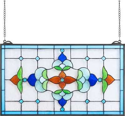 Produktbild von Buntglasfenster - Hängendes Fensterbild - Tiffany-Stil - 664 x 402 mm - Mit Aufhängekette - Rechteckig - Handgefertigt - Fensterdeko für Küche & Kirche