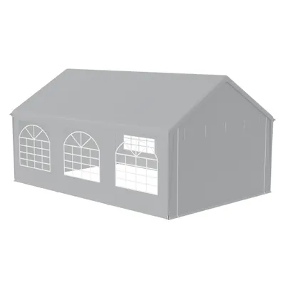 A gray party tent with arched windows is shown against a white background.