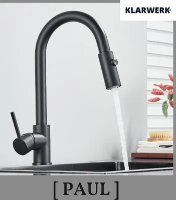 Produktbild von KLARWERK® Paul | ausziehbare Niederdruck Armatur Schwarz matt | Edelstahl Wasserhahn Küche | U-Auslauf Mischer 360° drehbar | Boiler 3 Anschlüsse