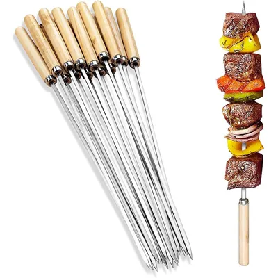 Produktbild von Grillspieße Edelstahl 304 mit Holzgriff – 35 cm BBQ Fleischspieße, flach & stabil, 50er Set für Schaschlik, Grill & Lagerfeuer