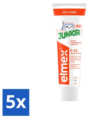 Immagine prodotto di 5 tubetti di dentifricio Elmex Junior, per bambini dai 5 ai 12 anni, da 75 ml ciascuno, confezione da 5 pezzi