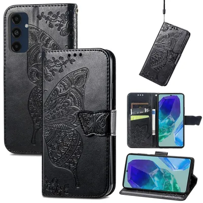 Produktbild von FürSamsung Galaxy A16 Kunstleder Wallet Handy Tasche Schmetterling Design Hülle Etuis Schwarz