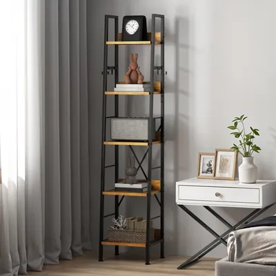 Produktbild von YITAHOME Bücherregal, Standregal, mit 5 Ebenen, Leiterregal, Büroregal, mit 4 Haken, 170 cm, Braun