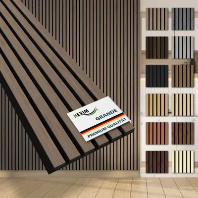 Produktbild von HEXIM Akustikpaneele Musterstück Holz Grande - XXL Wandpaneele Platten Lamellen Holzpaneele Echtholzfurnier 21mm Filz Schalldämmung MDF Braun (American Walnut)