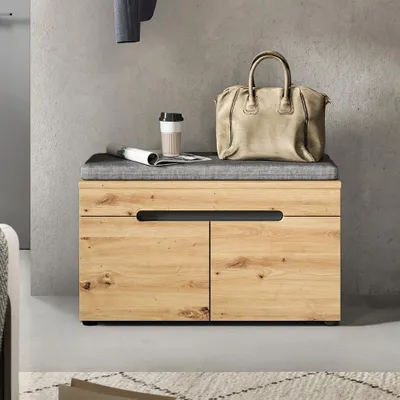 Produktbild von Flur Garderobenbank mit 80 cm Breite in Eiche & Grau, mit 2 Türen & Sitzkissen - CORTANA-158