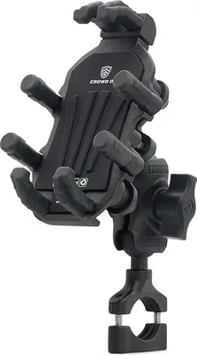 A black motorcycle phone mount with a clamp base.