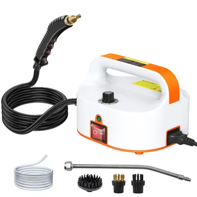 A steam cleaner and its accessories displayed on a white background.