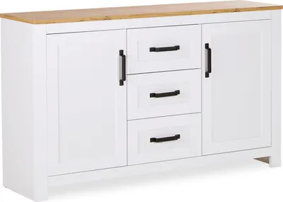 Image de Commode Moderne Buffet Blanc 150 cm en Bois Chêne Massif Armoire Salon avec 3 Tiroirs Sideboard Meuble Rangement
