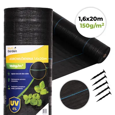 Produktbild von Schwarzes Agroweb, UV-beständiges Agroweb, 150 g, Unkrautvlies, 1,6 x 20 m, MulltiGarden-Heringe