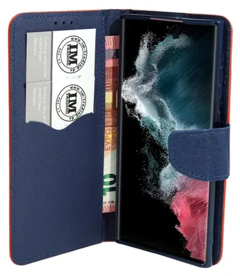 Produktbild von Buch Tasche Fancy kompatibel mit SAMSUNG GALAXY S22 ULTRA (SM-908B) Handy Hülle Etui Brieftasche Schutzhülle mit Standfunktion, Kartenfach Rot-Blau
