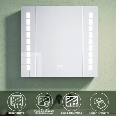 Obrázok produktu pre Hliníková zrkadlová skrinka SONNI 60 × 65 cm Dotykový spínač s ochranou proti zahmlievaniu a LED osvetlením so zásuvkou na holiaci strojček