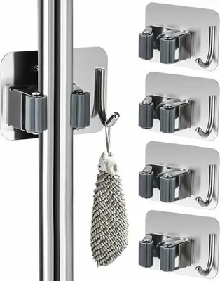 Produktbild von Stück Besenhalter zur Wandmontage ohne Bohren, Besenaufhänger zur Wandmontage, Besenhalter zum Kleben aus Edelstahl, Wandmontierter Besenhalter mit Haken, für Küche, Bad, Garten und Garage