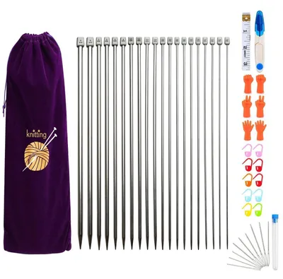 Obrázok produktu pre Sada pletacích ihiel, kovové, 11 párov, 35 cm, nerezová oceľ, s príslušenstvom, fialová, veľkosti 2,0-8,0 mm