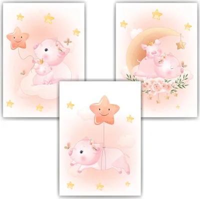Produktbild von 3er Set Poster für Kinderzimmer Bilder Babyzimmer Babyparty Kinderposter Schweinchen – DIN A3 (29.7x42cm)