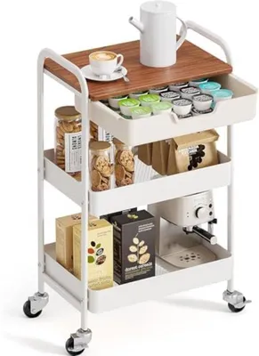 Productafbeelding van PromoHome® Opbergwagen met 3 niveaus en wielen, met werkblad – Multifunctionele trolley voor keuken en kantoor, 46 x 29 x 76 cm