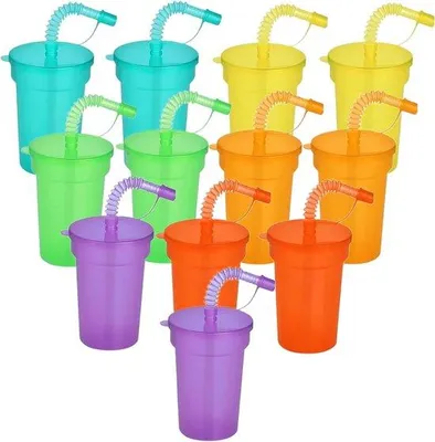Produktbild von Set aus 12 Recyclingfähige Kunststoff Becher mit Deckel und Strohhalm – 380 ml – Neon Party Becher für Iced Coffee, Smoothies und Kaltgetränke