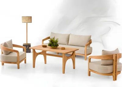 Produktbild von Gartenmöbel Set aus Holz und Textil in Beige, Modernes Sofa und Sessel