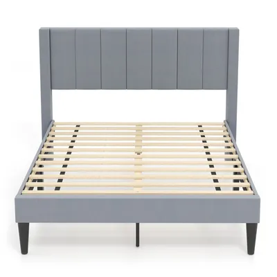 A grey upholstered bed frame with a slatted mattress support is shown from the front against a white background.