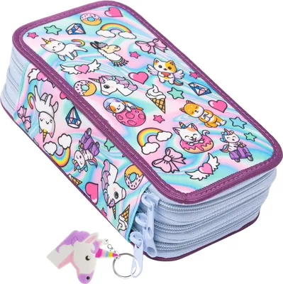 Mäppchen Federtasche 3 Fach, Federmäppchen Schüleretui, Schlamperbox, Stiftemappe mit 3 Reißverschluss-Fächern, Holo Sweet Stickers [150]