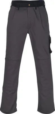 A pair of gray work pants with black accents is shown against a white background.
