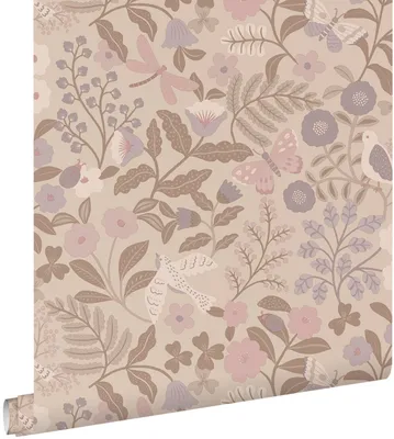 Produktbild von ESTAhome Tapete Blumen und Vögel Taupe und Violett 50 x 900 cm