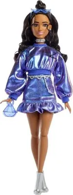 Image de Barbie Poupée Deluxe Style, Haut et Jupe Bleu Métallisé, Brune, Poupée Articulée, JFP42