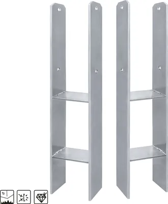 Two silver H-shaped fence post anchors are shown against a white background.