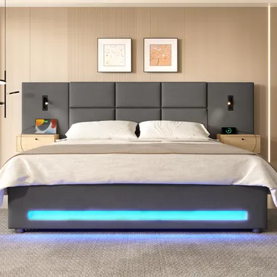 Imagen del producto de Cama tapizada Zerbaco, cama de matrimonio, 180x200 cm, con cajón integrado, sistema hidráulico, con luz nocturna LED, puertos USB-C, color gris oscuro, con somier