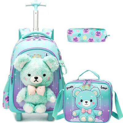 Image de Sac à dos à roulettes pour filles, motif ours, ensemble 3 pièces comprenant une pochette pour les collations et une trousse, idéal pour les élèves du primaire