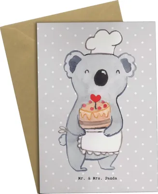 Produktbild von Mr. & Mrs. Panda Klappkarte Konditor Herz - Grau Pastell - Geschenk, weihnachtskarten, einladungskarten, Glückwunschkarte, Torte, Bäcker, Geburtstag, osterkarte, Kuchen