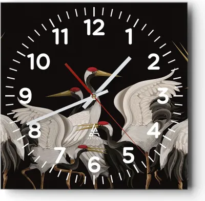 Produktbild von Wanduhr - Quadrat - Glasuhr - Kraniche Vögel Grafiken - 40x40cm - Schleichendes Uhrwerk - Lautlos - zum Aufhängen bereit - Dekoration Modern - Wanddekoration aus Glas - C4AC40x40-4748
