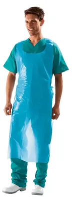 Immagine prodotto di Grembiule monouso Sir Safety in polietilene impermeabile 81x135 cm, 50 pezzi, taglia unica, blu